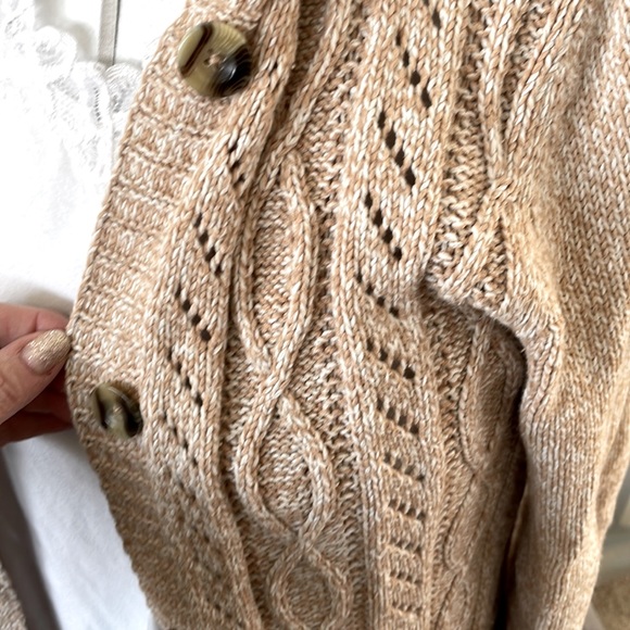 Classic Elements Petite large hooded button up sweater. Tan variegated - Picture 3 of 4